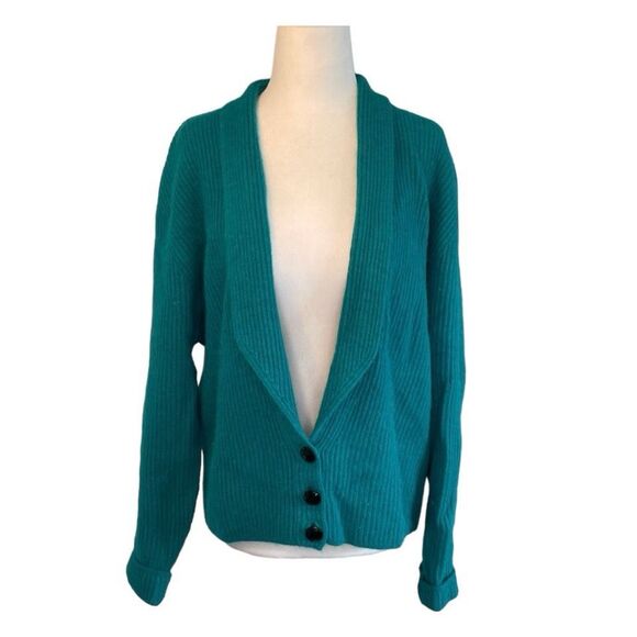 80s Evan Picone Lambswool Angora Cardigan Sweater Teal Green Long Sleeve M - Picture 1 of 8